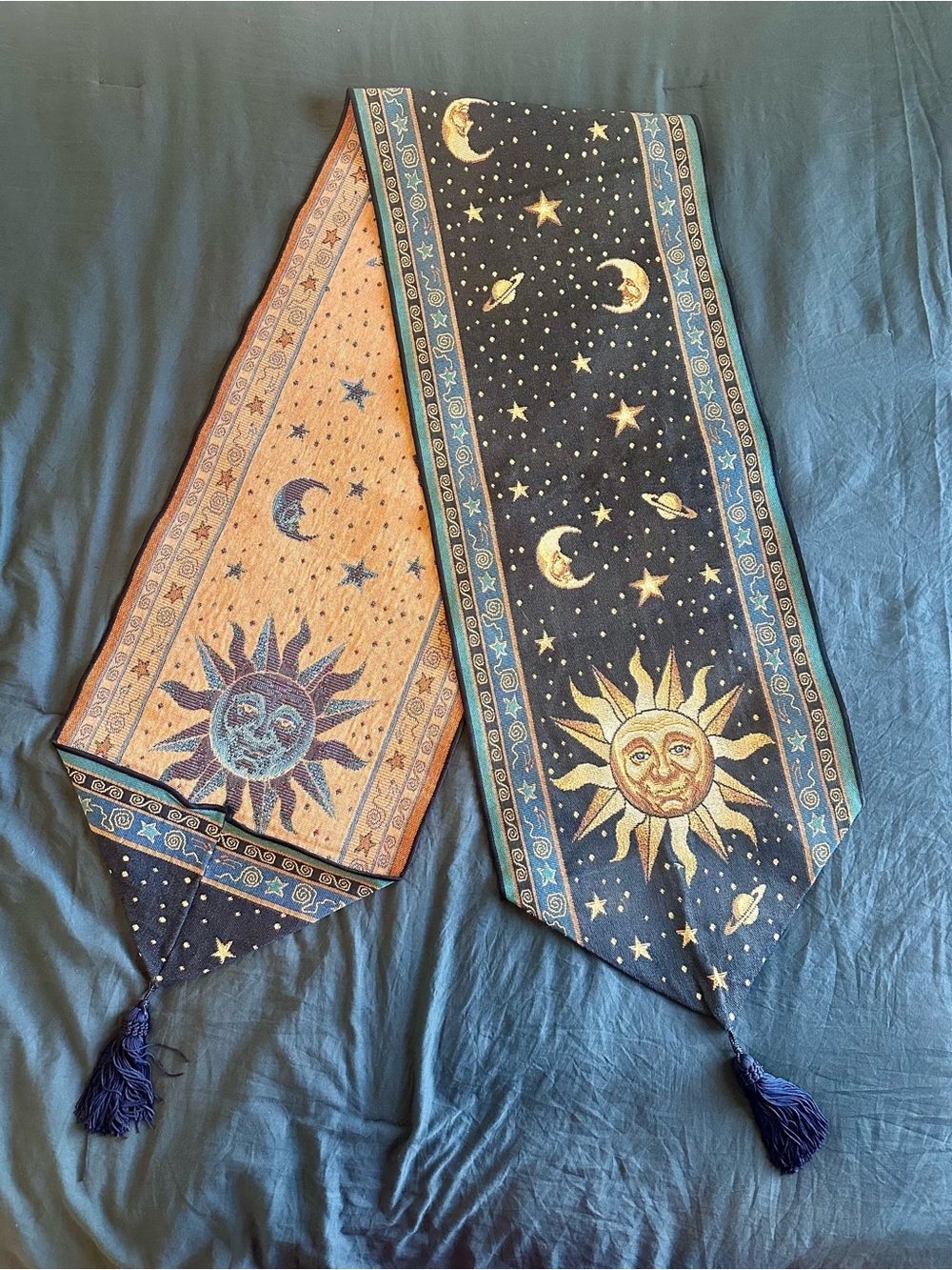 Vintage 90โs Sun and Moon Table Runner 70โx13โ - Navy and Gold/Yellow - Picture 3 of 8